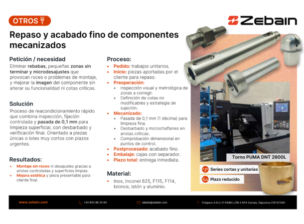Proyecto Zebain: repaso y acabado fino de componentes mecanizados para montaje sin ajustes